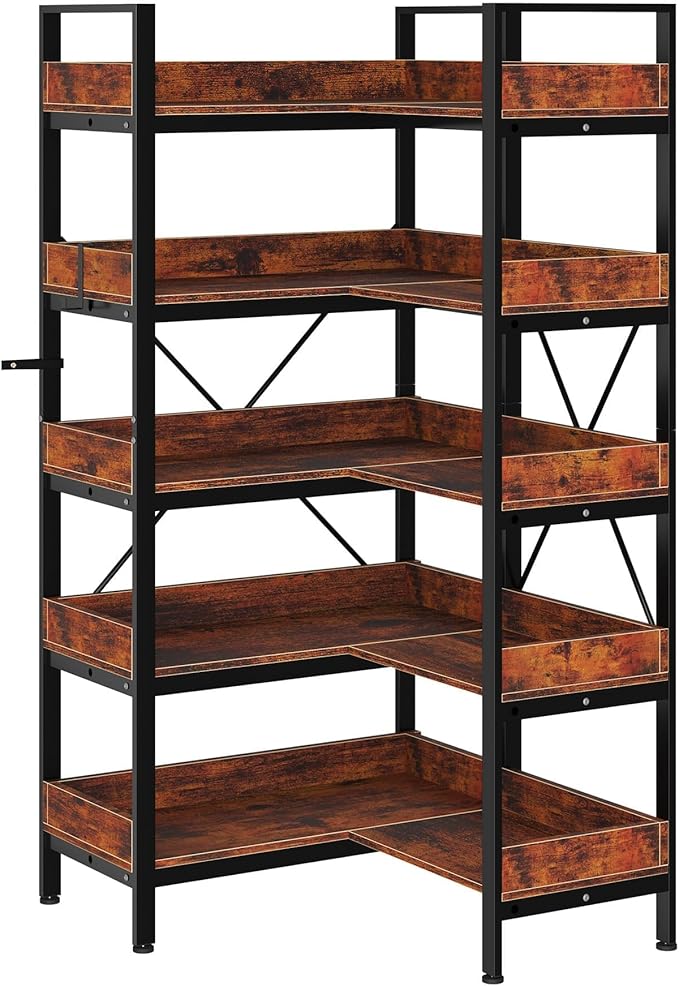 OUTLANE Reversible l-Shaped 5-Tier Industrial Bookshelf, 65 Inch Corner Bookcase with Open Wooden Shelves & Metal Frame, Adjustable Storage Rack for Home Office, Living Room Organization Furniture