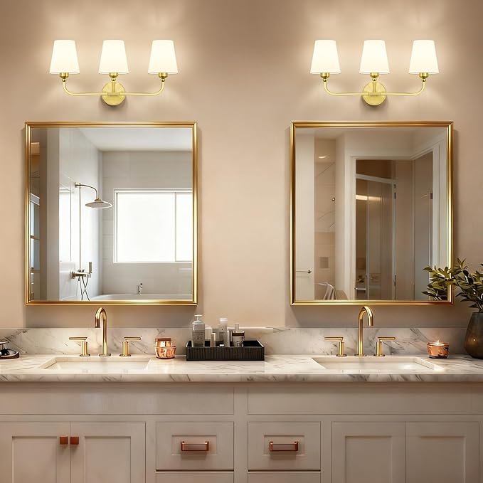 Kvhilw Bathroom Vanity Light, Brushed Gold Bathroom Light Fixtures, 3-Light Lighting Fixtures Over Miror, Modern Wall Sconce with Flared White Fabric Shade, E26 Socket(ETL Listed)