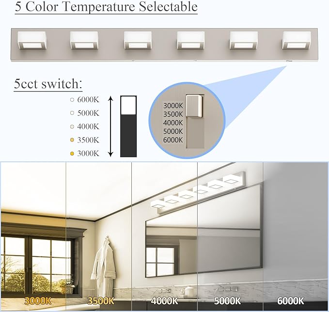 Ralbay 6 Lights Brushed Nickel Bathroom Lights Fixtures Dimmable 5 Color Temperature Acrylic Modern Brushed Nickel Vanity Lights for Bathroom Brushed Nickel-5 CCT 40.4 inch
