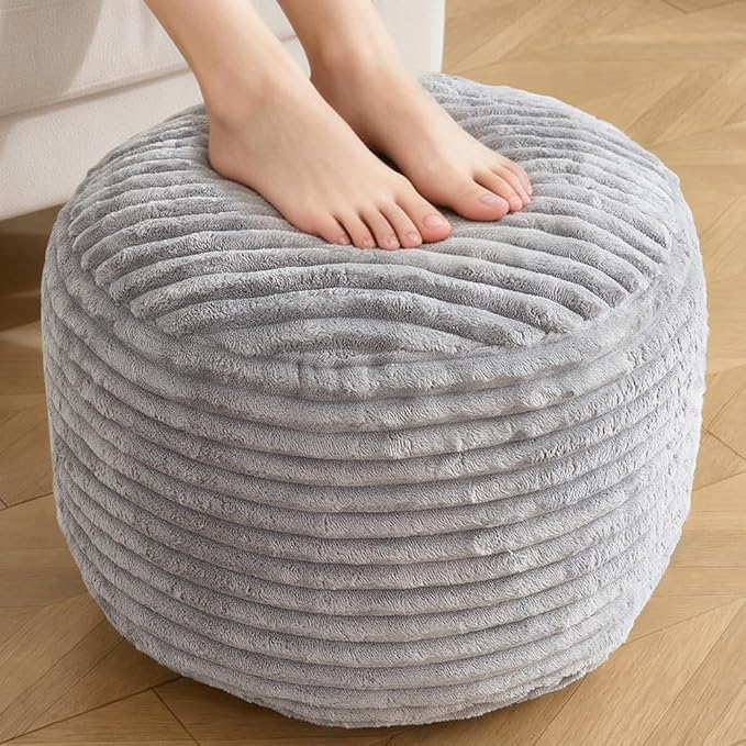 Round Pouf Ottoman,Corduroy Poufs with Memory Foam Filling for Foot Rest,Soft Footstool for Living Room,Office,20"x 17",Light Grey