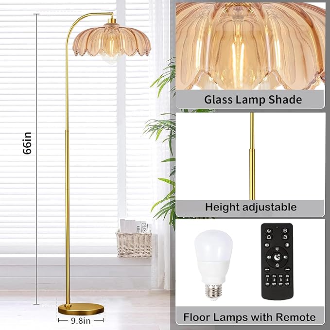 Gold Floor Lamp Dimmable Standing Lamp with Remote,Brass Tall Lamp Mid Century Modern Retro Glass Vintage Green Lamp Floor Light Boho Bohemian for Living Room,Bedroom