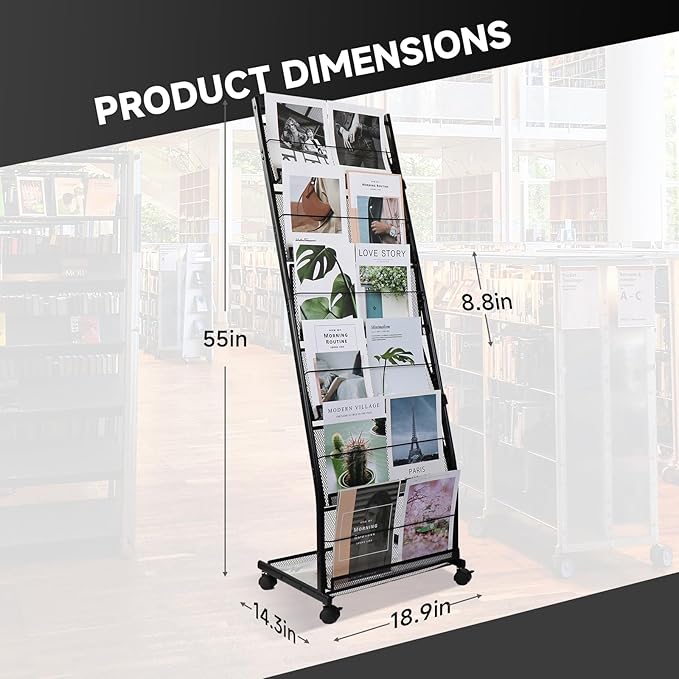 Floor-Standing Magazine Rack 6-Layer with Wheels, Brochure Display Stand for Exhibitions, Office, and Any Organization Requiring Information Display