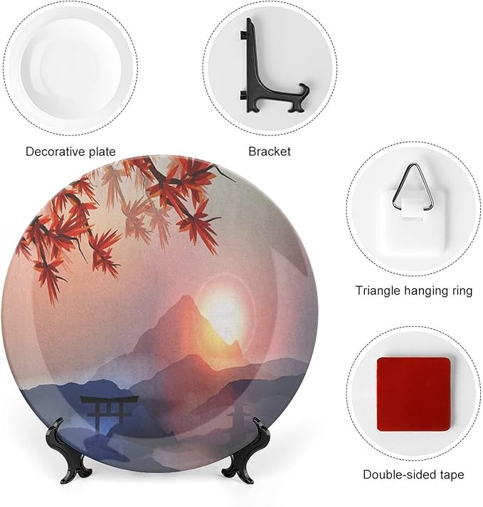 Ceramic Plates, Asian Decorative Ceramic Plates, Majestic Himalayas Peaks Tops Circle Culture, 8 Inch, for Dining, Parties, Wedding, Blue Pink Red