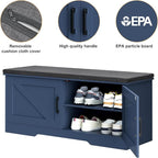 2-Tier Storage Bench, 39.4" Wide Shoe Bench with Padded Seat Cushion, Entryway Bench with 2 Barn Doors and Adjustable Shelf, Blue
