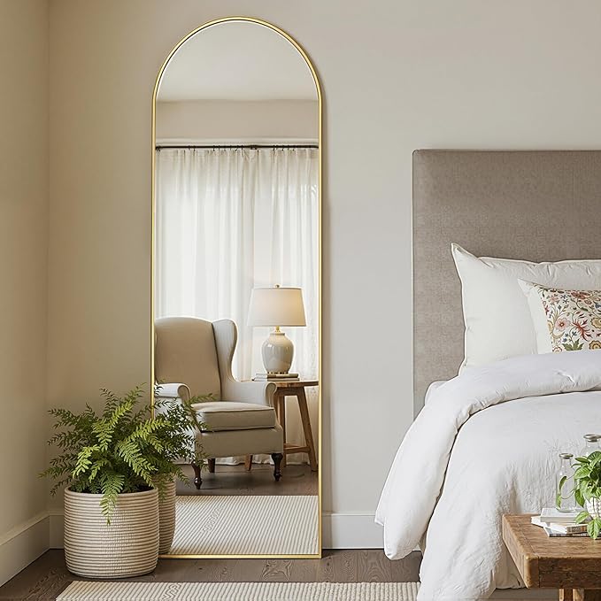 MISSDAY 64"x21" Arched Full Length Mirror, Full Body Mirror with Stand, Floor Mirror Long Free Standing, Leaning or Hanging, Aluminum Thin Frame Wall-Mounted Mirrors Wall Mirrors for Bedroom, Gold