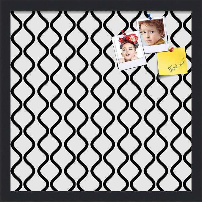 PinPix 17x17 Inch Cork Bulletin Board. This Decorative Framed Pin Board Comes with Black and White Waves Design and a Satin Black Frame. Ideal for Home Office Decor or Message Board (PinPix-194)