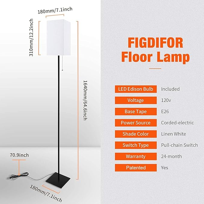 Floor Lamp for Living Room, Modern Standing Lamp for Bedroom with Linen Shade, Black Corner Floor Lamp for Office Kids Room, Bulb Included