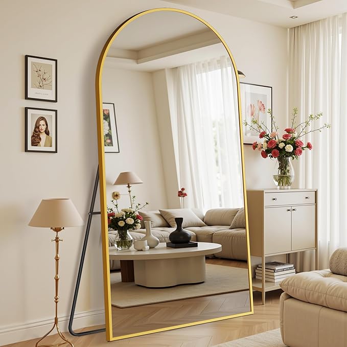 Suidia Arched Full Length Mirror, 90"x46" Floor Mirror Freestanding, Floor Standing Full Body Mirror with Stand for Bedroom, Hanging Leaning Mounted for Living Room Cloakroom, Gold
