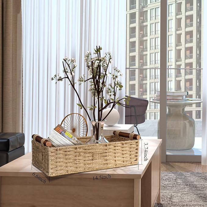 Round Paper Rope Storage Basket with Handle, Beige, 14.5in x 6.6in x 3.74in