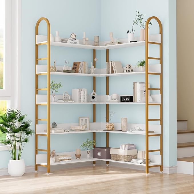 Semoic 5-Tier Gold Bookcase, L-Shape Corner Bookshelf White & Gold, Modern Display Shelf Book Shelves with Adjustable Foot, Freestanding Storage Shelves for Home Office Use