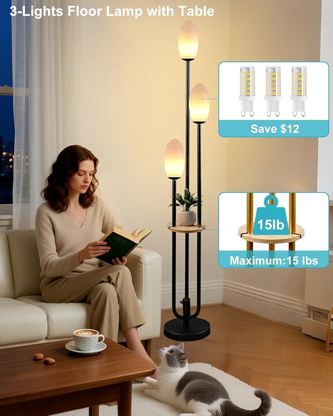 Lightdot Black Dimmable Floor Lamp with Table, 63IN Mid-Century Oval Floor Lamps with BulbsIncluded, 3-Lights Candle Holder Style Modern Tall Standing Lamp for Living Room/Sofa Beside/Corner Decor