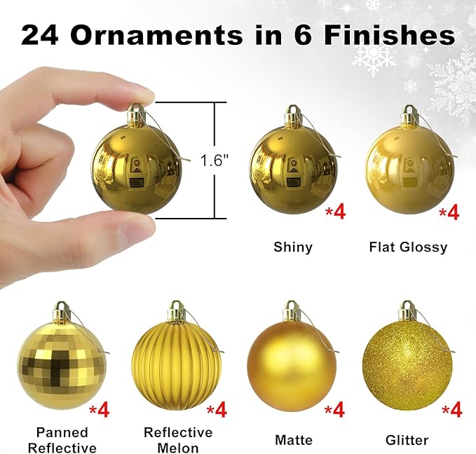 Gold 1.6" Small Christmas Balls Christmas Tree Decoration Ornaments Shatterproof Hanging Balls for Birthday Halloween Holiday Wedding Decorations Set of 24pcs