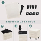 CAROLMADE Folding Storage Ottoman Cube Sherpa Footstool with Wood Legs Ottoman Footrest for Living Room and Bedroom, White 15"x12.6"x15.4"