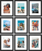 Vittanly 8x10 Picture Frames Set of 9, Shatter Resistant Plexiglass, Display 5x7 Pictures with Mat or 8x10 without Mat, Photo Frames for Wall or Tabletop, Engineered Wood, Black