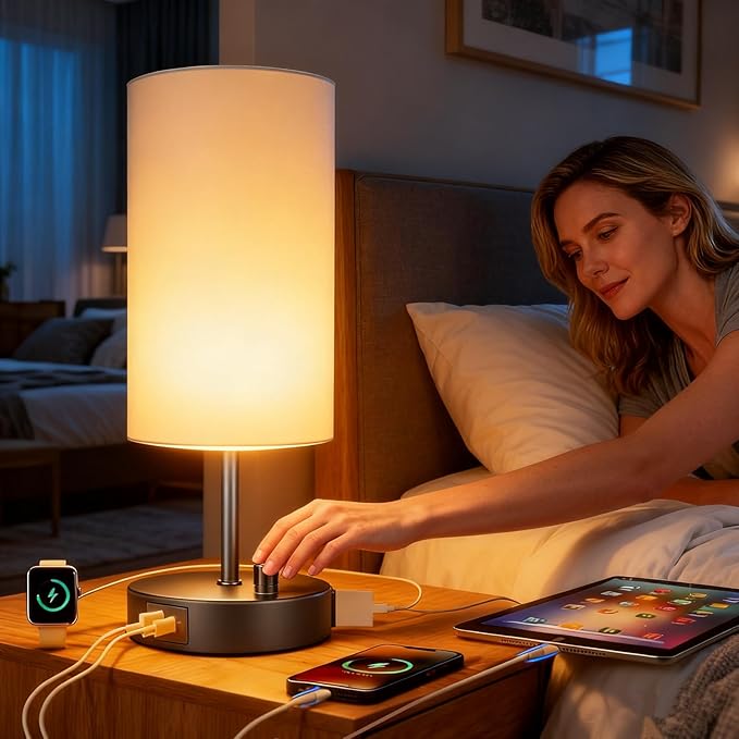 HiBay 17.75" Dimmable Bedside Table Lamp with Charging Station - 2 USB Ports & AC Outlet, Industrial Black Nightstand Light with Silver-Gray Shade for Living Room Dorm Office, Bulb Included