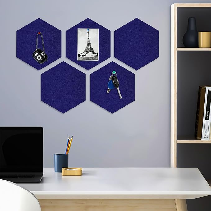 8 Packs Royal Blue Hexagon Felt Pin Board, 12" Bulletin Board with 30 Push Pins, Felt Board for Home Kitchen Office Decor, Self-Adhesive Corkboard Tiles for Walls School Message Photos Memos