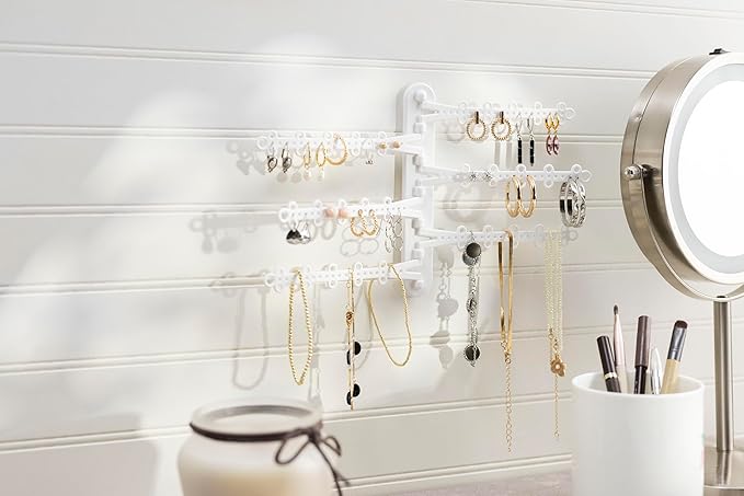 6-Tier 6" Wall Jewelry Organizer, Command Strips included for Easy Hanging, 120 Hole Earring Organizer, Necklace Organizer, Bracelet Holder, Ring Holder, Rotating Branches (White Small)