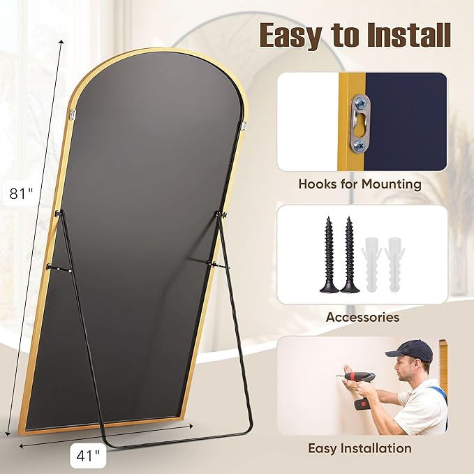 Full Length Mirror, 81"x41" Arched Full Body Mirror, Oversized Floor Mirrors, Leaning Free Standing Mirrors, Hanging Mounted Large Mirrors for Bedroom Dressing Room, Cloakroom, Gold