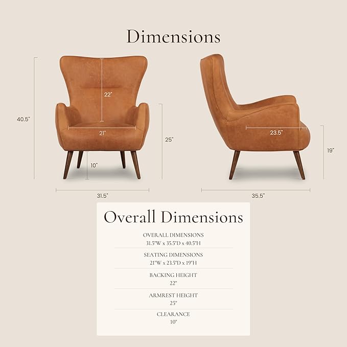 Poly & BARK Aida Leather Lounge Chair – 40.5” Mid-Century Accent Chair for Living Room or Bedroom – Full-Grain Italian Leather, Solid Wood Legs, Feather-Down Comfort – Cognac Tan