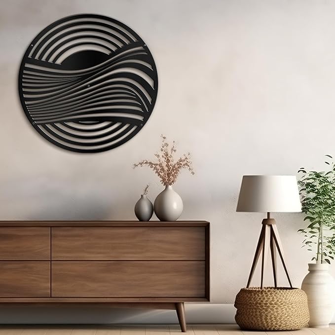 SIGNLEADER Metal Wall Art Decor Black Circle Stripes Minimalist Modern Abstract Wall Sculpture Hangings Home Decoration for Living Room, Bedroom, Bathroom, Kitchen, Outdoor - 18" Black