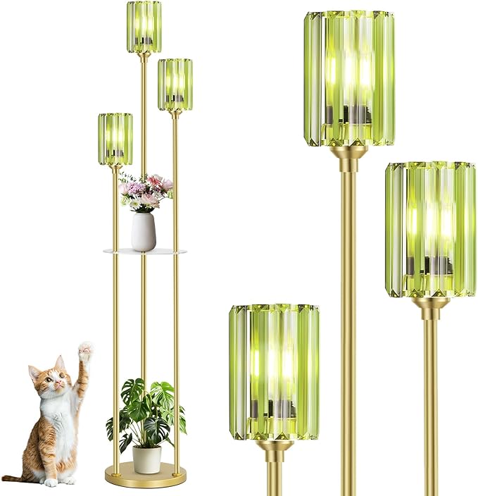 Gold Floor Lamps for Living Room, Modern Floor Lamp with Shelves, Mid Century Crystal Standing Lamps with Table, Brass Tall Lamp with Crystal Shade Vintage Retro Corner Floor Lamp for Bedroom, Green