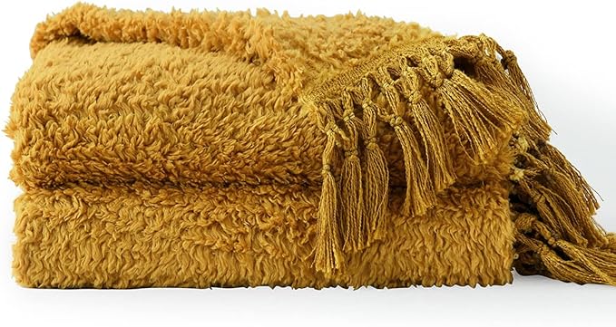 Ultra Soft Cozy Sherpa Throw Blanket, Light Weight Warm Decorative Throw Blanket with Tassel, Mustand Yellow Pattern Reversible Boho Style Blanket for Sofa, Couch, Bedroom,Travel, 60”x80”
