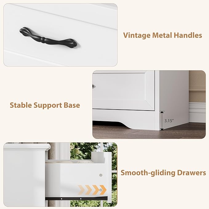 GAOMON Farmhouse 6 Double Drawers Dresser for Bedroom, 47.2'' Wide Chest of Drawer, Wooden Horizontal Dresser with Metal Handles and Stable Base, Modern Cabinet for Bedroom, Living Room, White