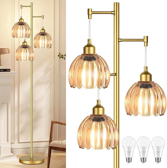 Gold Floor Lamp for Living Room Bedroom,3 Lights Mid Century Modern Floor Lamps with Flower Glass Shades,68IN Tall Standing Lamp with Bulbs,Vintage Tree Floor Lamp for Corner Office Reading
