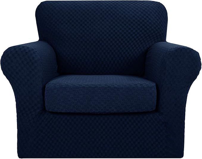 YEMYHOM Latest Checkered 2 Pieces Chair Covers for Living Room High Stretch Thickened Chair Slipcovers with Arms Anti Slip Elastic Armchair Sofa Couch Slipcover Protector (Navy), 31"-46"(1 Cushion)