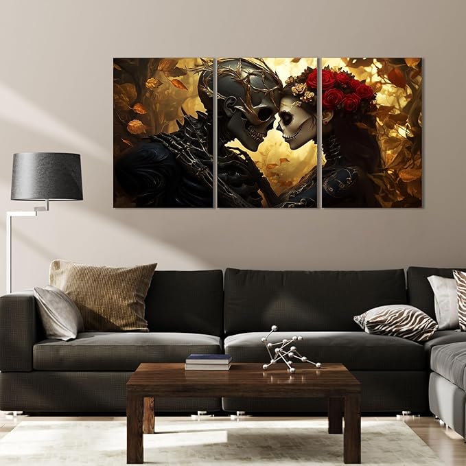 RUNBOAT Skull Pictures Wall Decor - Skull Canvas Wall Art, Skeleton Couple Poster Print, Gothic Painting Artwork, Skeleton and Roses Pictures for Living Room Bedroom (12" x 18" x 3 pcs)
