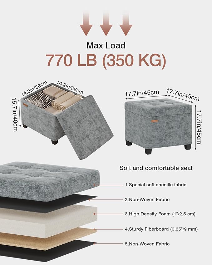 17.7 inches Chenille turfed Ottomans Cube with Legs, Metal-Framed Square Storage Ottoman Foot Rest Stool Holds 770 LB for Dorm Living Room Bedroom Gray UASN641G