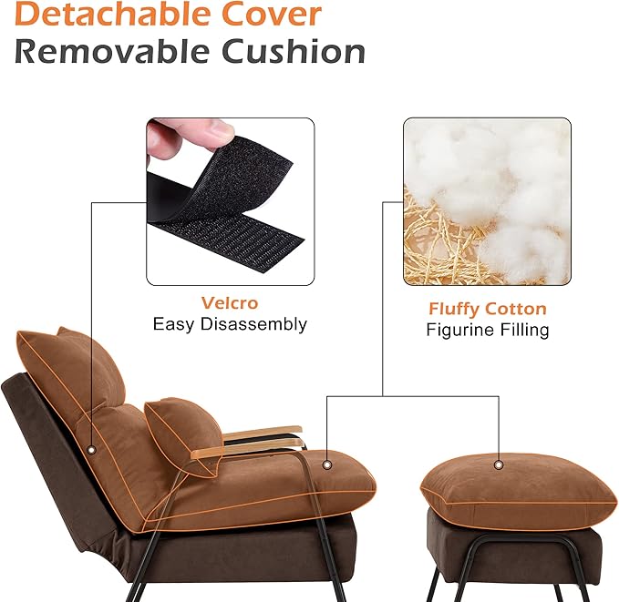 MCombo Accent Recliner Chair with Ottoman, Modern Fabric Armchair, Upholstered Sofa Bed for Living Room Bedroom, Small Space 4055 (Black Frame, Brown)