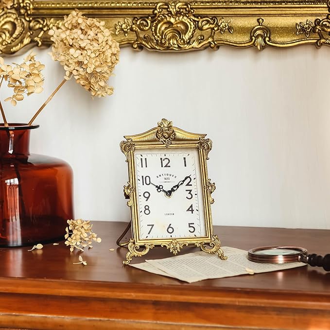 NIKKY HOME Vintage Gold Table Clock, Silent Non-Ticking Battery Operated Retro Desk Shelf Mantel Small Metal Clock for Living Room Decor