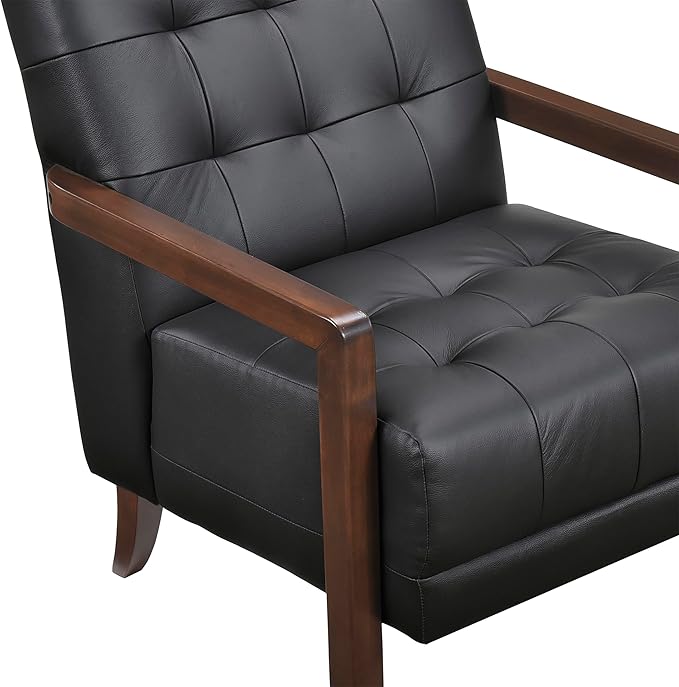 Lexicon Modern Accent Chair, Luxury Genuine Leather Match Living Room Chair with Tufted Cushions, Solid Wood Frame and Arm Rest, Comfy Upholstered Single Seat for Bedroom/Reading/Office, Black