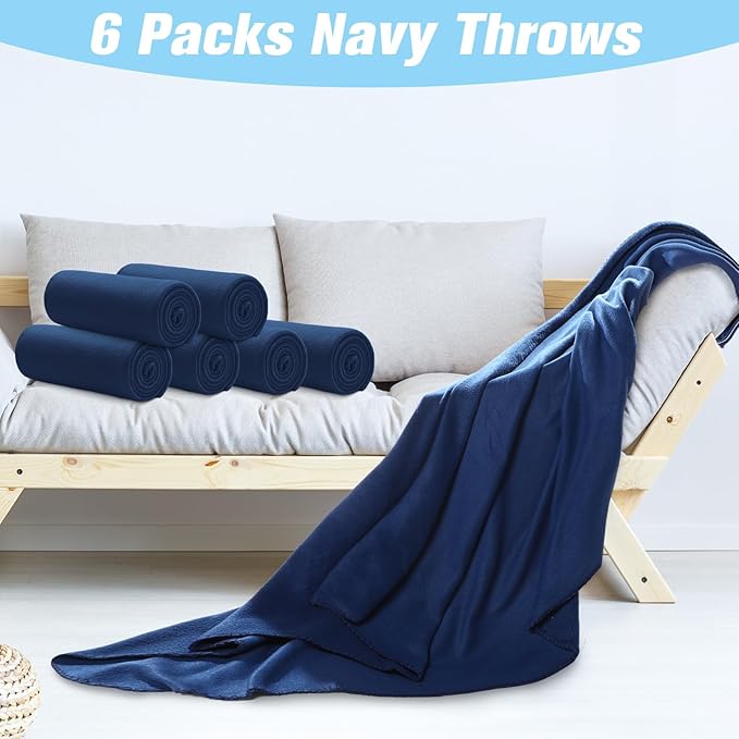 Newwiee 6 Pack Fleece Blankets Bulk 50 x 60 Inch Double Sided Ultra Soft Fleece Throw Blankets Bulk Lightweight Warm for Airplane Home Office Wedding Gifts Outdoor Use (Navy Blue)