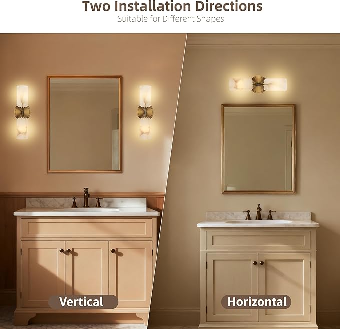 14.4in Alabaster Wall Sconce, Gold Sconces with Spanish Marble, Modern Brass Wall Mounted Lamp, Hardwired LED Wall Lighting for Bathroom Bedroom Living Room Staircase Hallway Dining Room