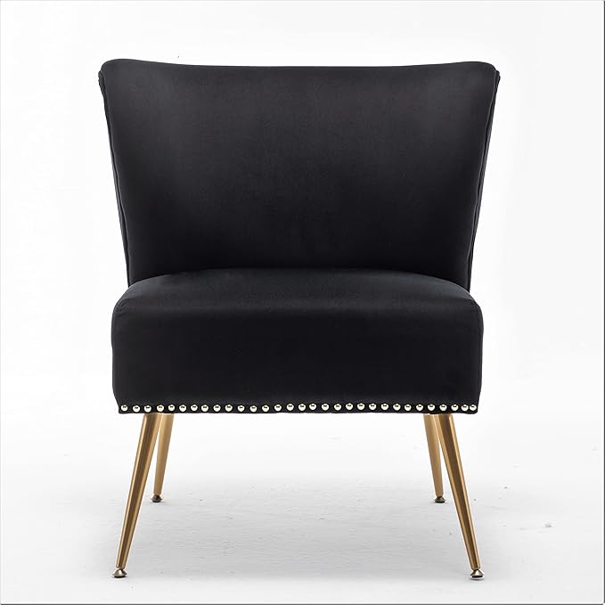 Thia Armless Velvet Accent Chair for Living Room, Elegant Seat with Nailhead Trim, Gold Metal Legs and Comfortable Curved Back, 28" D x 25" W x 29.5" H, Black