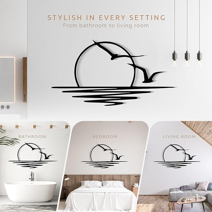 Wita Home Sunset with Seagulls Metal Wall Mounted Art, Handcrafted Metal Home Decor with Static Powder Coating, Eye-Catching Addition to Living Room Decor, Modern Beach Decor for Indoor and Outdoor Spaces, Perfect Housewarming Gift (40 x 20 inches)