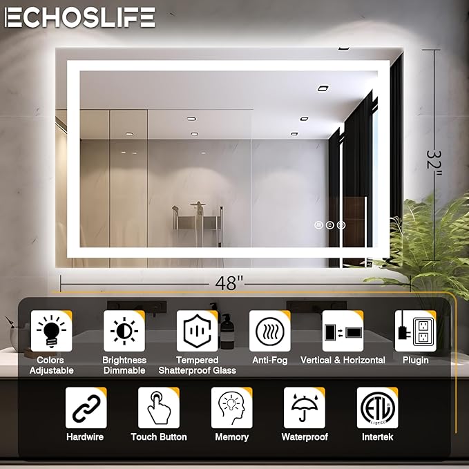 48"x32" LED Bathroom Mirrors for Wall, Front and Backlit Mirror, Anti-Fog Vanity Mirror with Lights, Stepless 3 Colors Dimmable Lighted Mirror(Horizontal/Vertical)