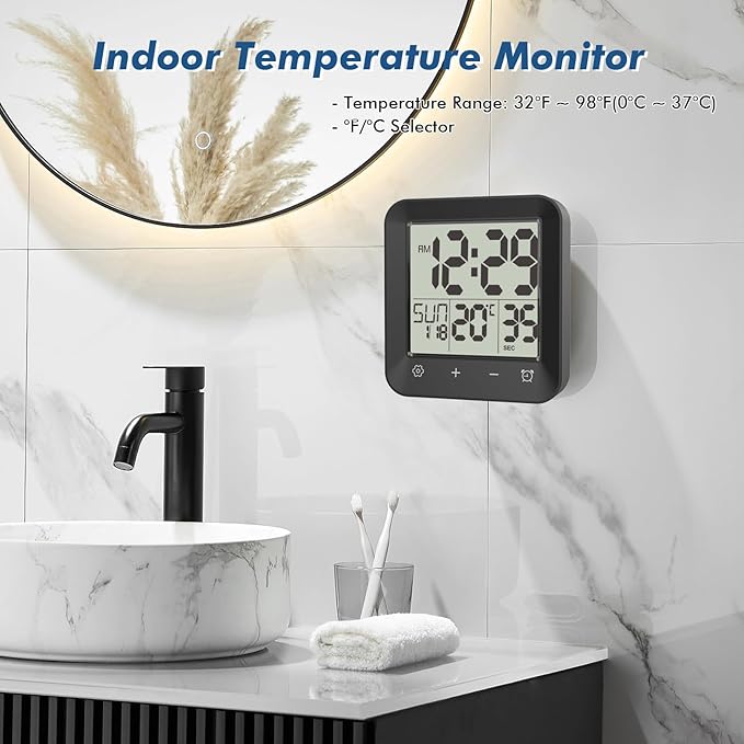 Waterproof Shower Clock Timer, Bathroom Clock with Countdown, Touch Screen, Indoor Temperature, Suction Cup, LCD Digital Wall Clock for Bath, Kitchen