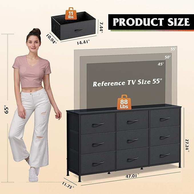WLIVE 47''W Dresser for Bedroom, Black Dresser TV Stand for 45, 50, 55 inch TV, Wide Chest of Drawers with 9 Drawer, Large Entertainment Center, Fabric Dressers with Wood Top for Closet, Living Room