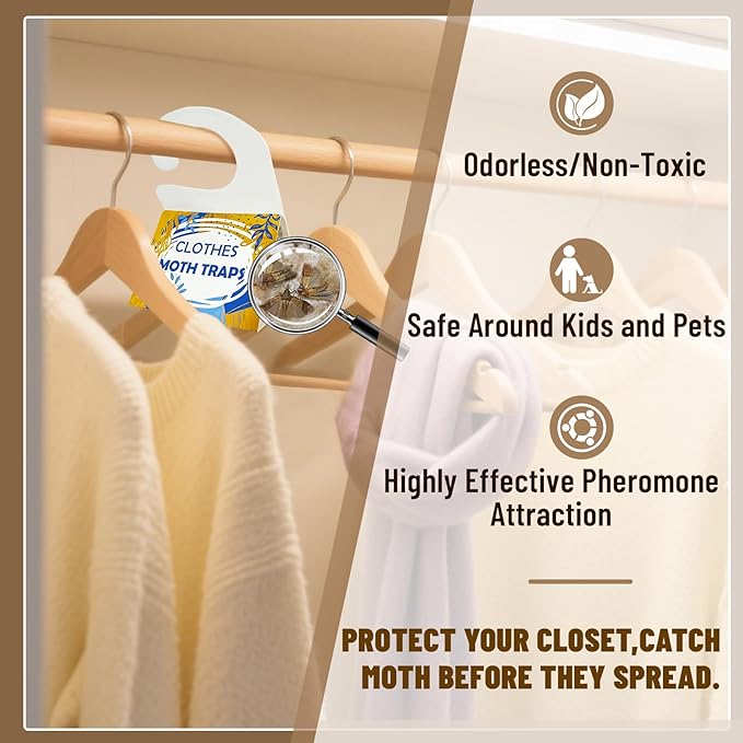 Clothing Moth Trap with Pheromone Attractant 16 Pack, Easy to use Clothes Moth Treatment, Odorless/Non-Toxic Strong Sticky Strips for Closet and Carpet