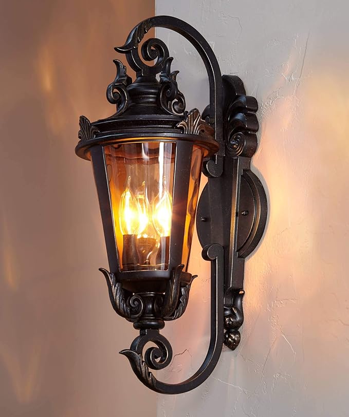 John Timberland Marseille Rustic Industrial Outdoor Wall Light Fixture Veranda Bronze Scroll 21 1/2" Champagne Hammered Glass for Exterior House Porch Patio Outside Deck Garage Front Door Home