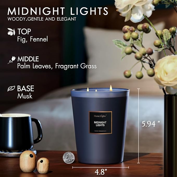 HomeLights Highly Scented Soy Candles Big 33.3 oz for Home. 3 Cotton Wicks, Smokeless Long Lasting 130 hrs in Midnight Lights. 5x6, Great Gift for Women & Men