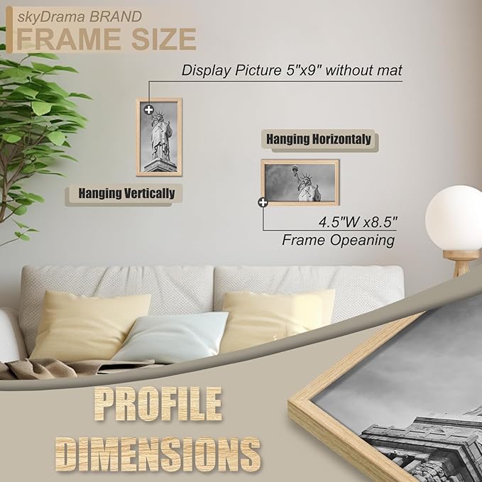 Natural Solid Wood 5x9 Picture Frame, Display 5 x 9 Inch Picture Poster Photo, Vertical & Horizontal Wall Hanging - 2 Pack/Natural/5"x9"