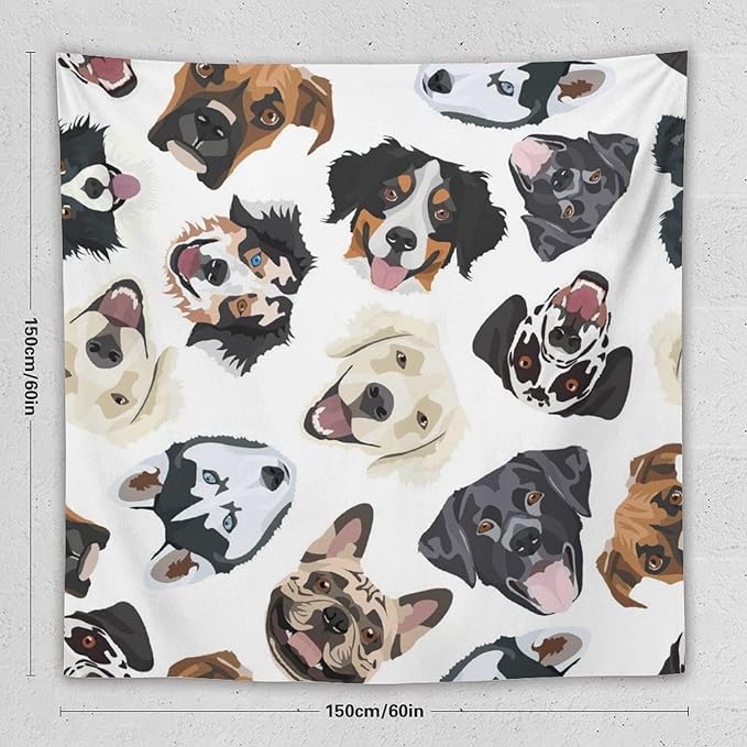 VUMIVI Dog-Head Tapestry Cartoon Pet Illustrations Cute Funny Animals Colorful Graffiti Tapestry Wall Hanging for Living Room Bedroom Dorm Classroom Aesthetic Decor W60xL60in
