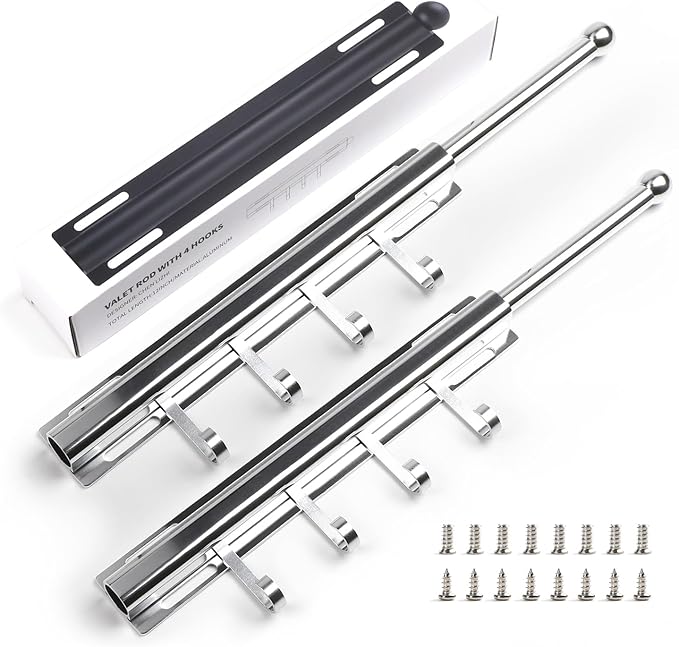 12" Valet Rod for Closet Pull Out With 4 Hooks Valet Rods for Closets (2Pack Silver) Closet Valet Rod Slide Out