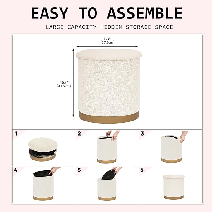 Round Storage Ottoman with Reversible Tray Top, 16.3" Boucle Ottoman Footrest Stool with Metal Base, Upholstered Vanity Stool with Storage for Living Room Bedroom, White