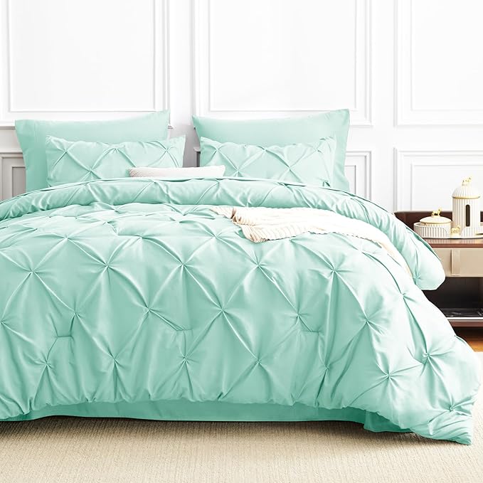CozyLux King Size Comforter Set Mint Green, 7 Pieces Pintuck Bed in A Bag Green Comforter King Size, Pinch Pleat Bedding Set with All Season Comforter, Flat Sheet, Fitted Sheet, Pillowcases & Shams