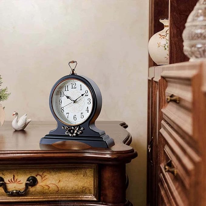rnuie Desk Clock for Table Decor, Retro Mantel Clock Battery Operated for Fireplace Mantel, Living Room, Bedroom, Office, Desktop Decoration(Second Black)